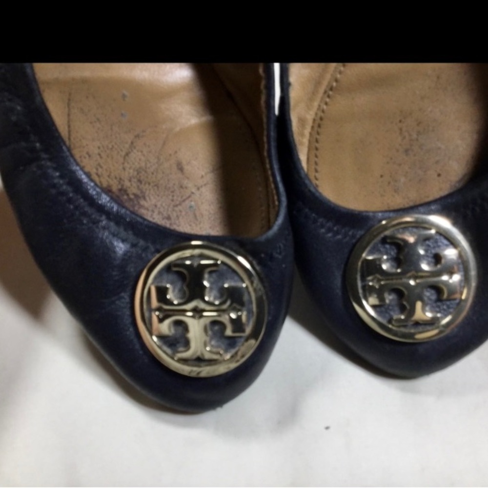 Tory Burch Benton Black Leather Ballet Flats with Gold Logo Women’s 10 - Picture 3 of 8